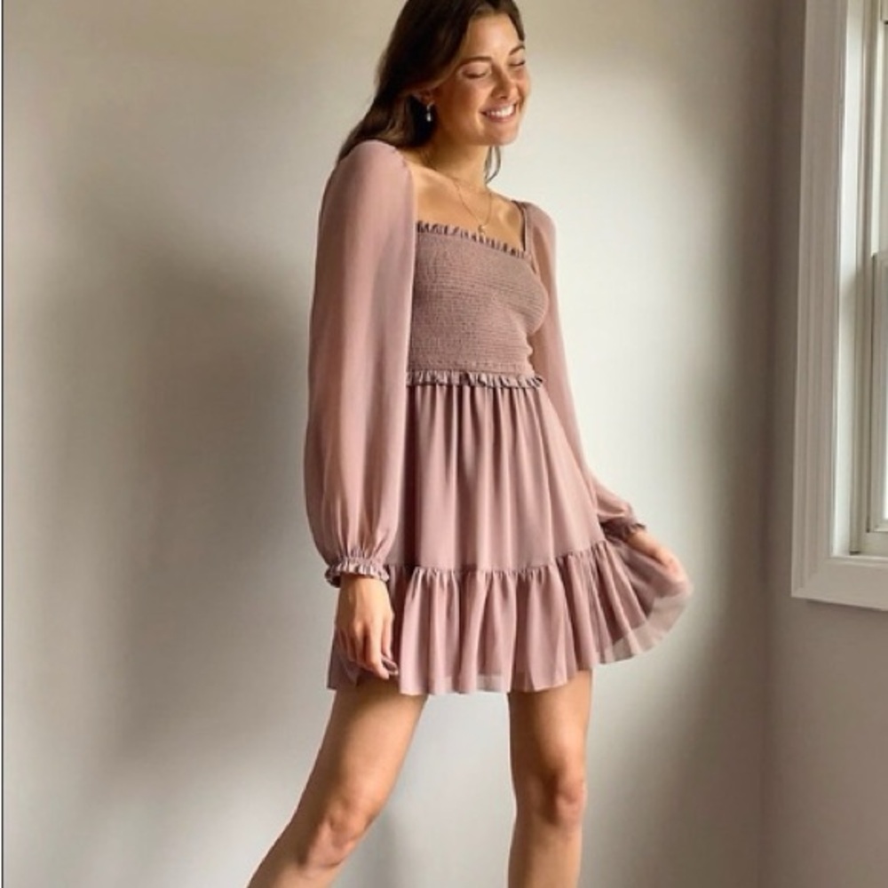 Aritzia Blush Pink Long-Sleeve Smocked Mini Dress